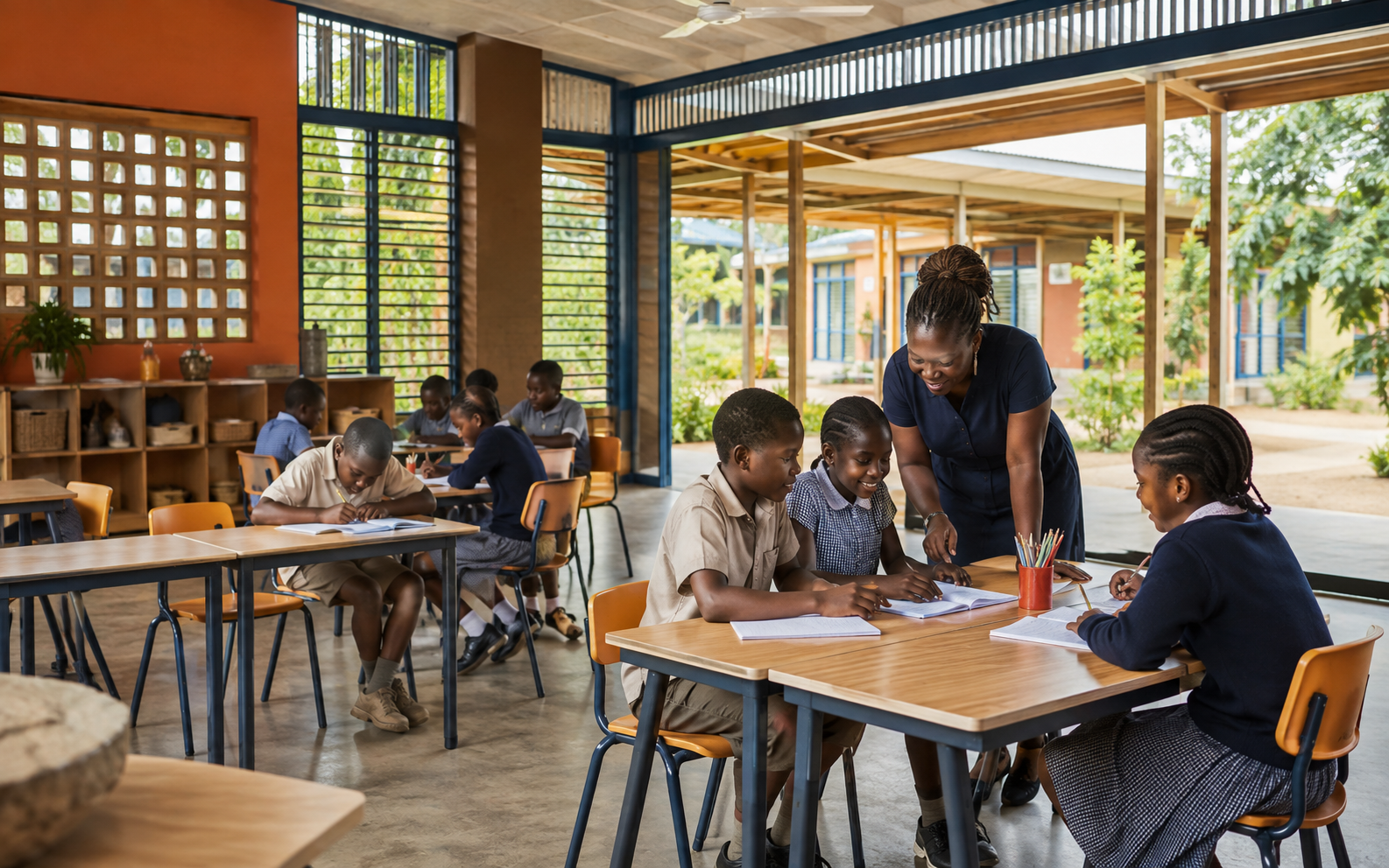 Une salle de classe africaine moderne et lumineuse accueille des élèves et leur enseignante.