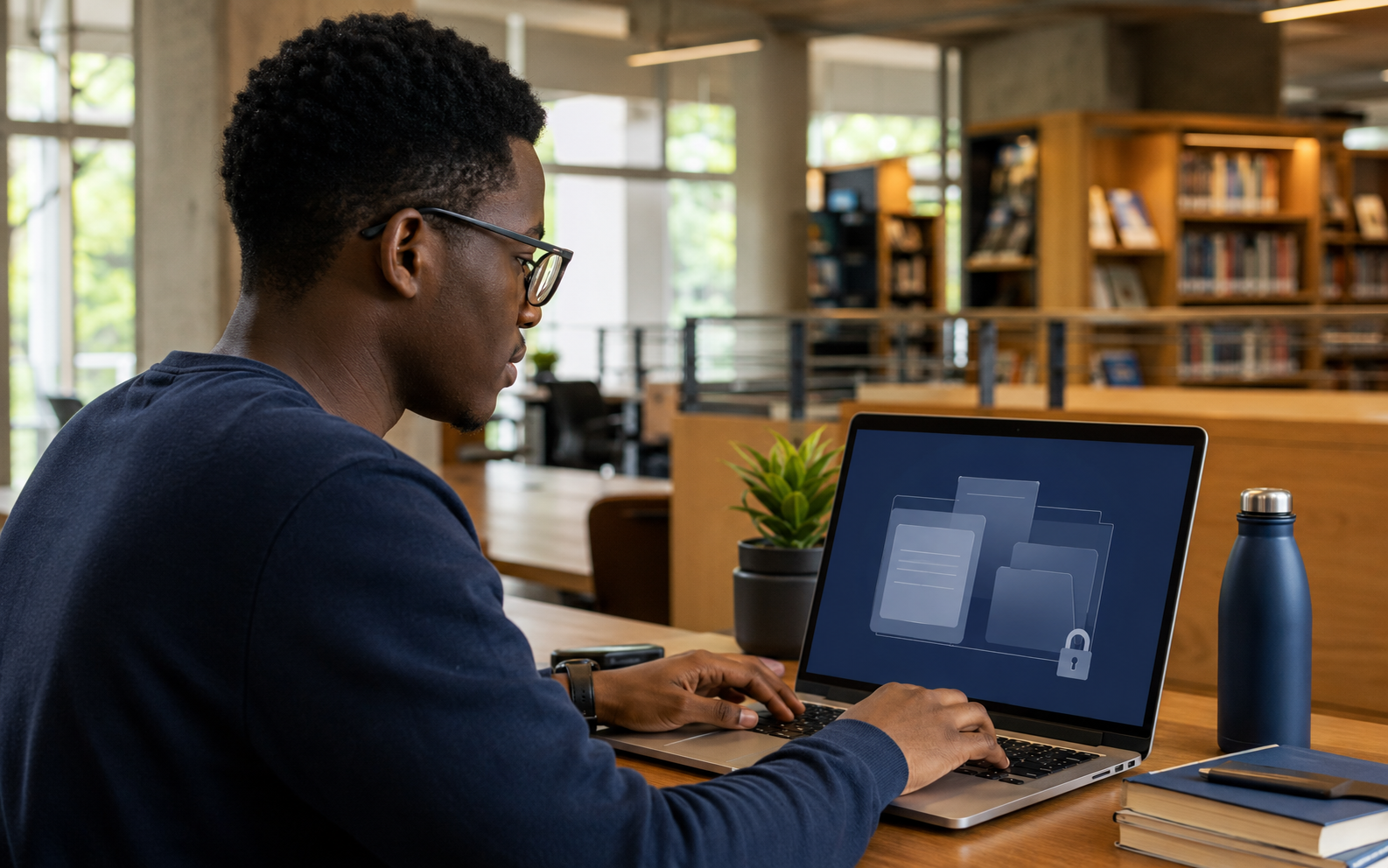 Un étudiant africain consulte ses documents académiques sécurisés sur un ordinateur.