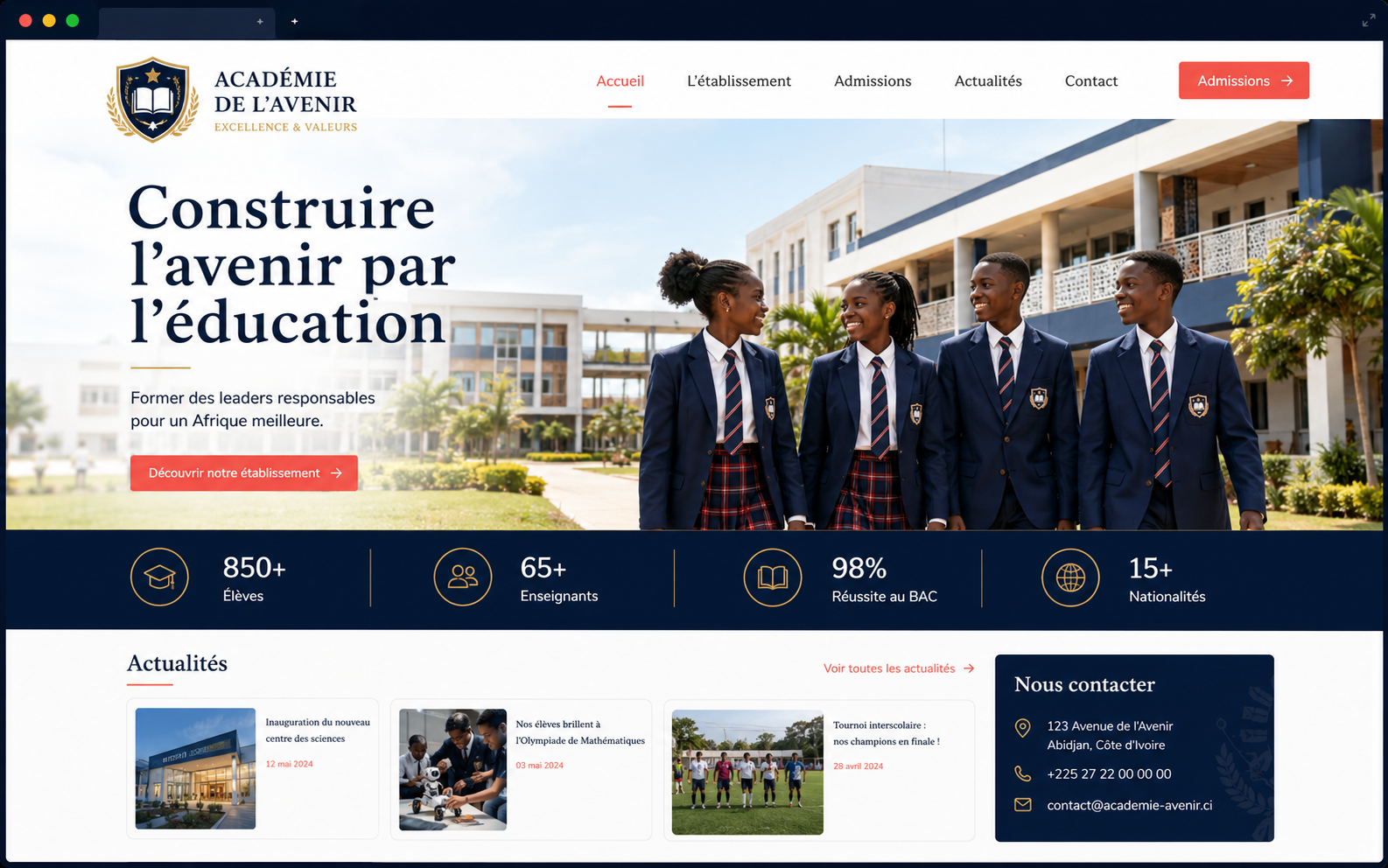 Le site web officiel d’une école africaine présente son établissement, ses admissions et ses actualités.